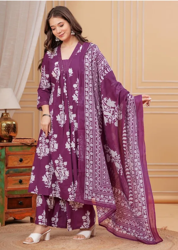 Purple_Cotton_Rayon_Floral_Print_Anarkali_Kurta_Set_For_Women