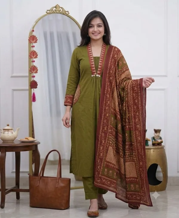 Olive_Green_Cotton_Rayon_Embroidered_Kurta_Set_With_Dupatta_For_Women