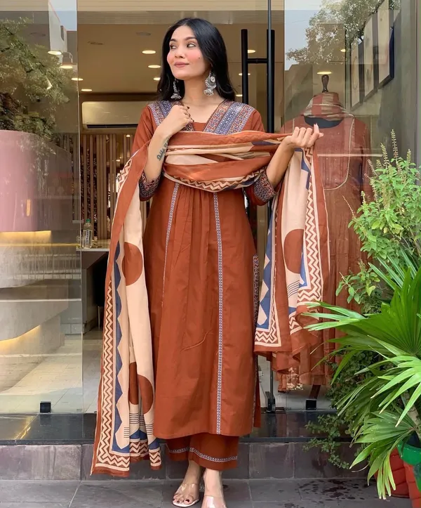 Rust_Cotton_Rayon_Embroidered_Anarkali_Kurta_Set_With_Printed_Dupatta_For_Women