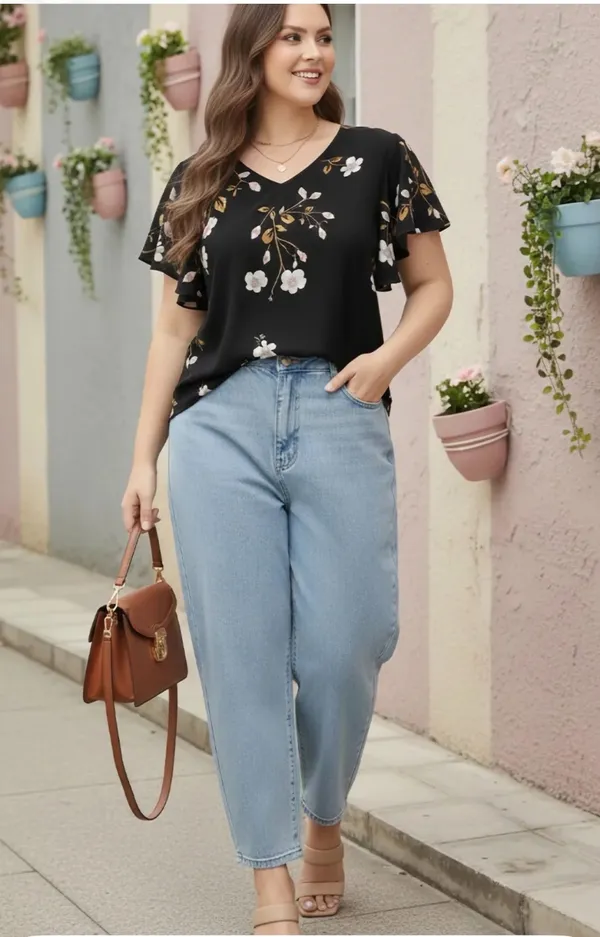 Black_Cotton_Rayon_Floral_Print_V_Neck_Ruffle_Sleeve_Top_For_Women