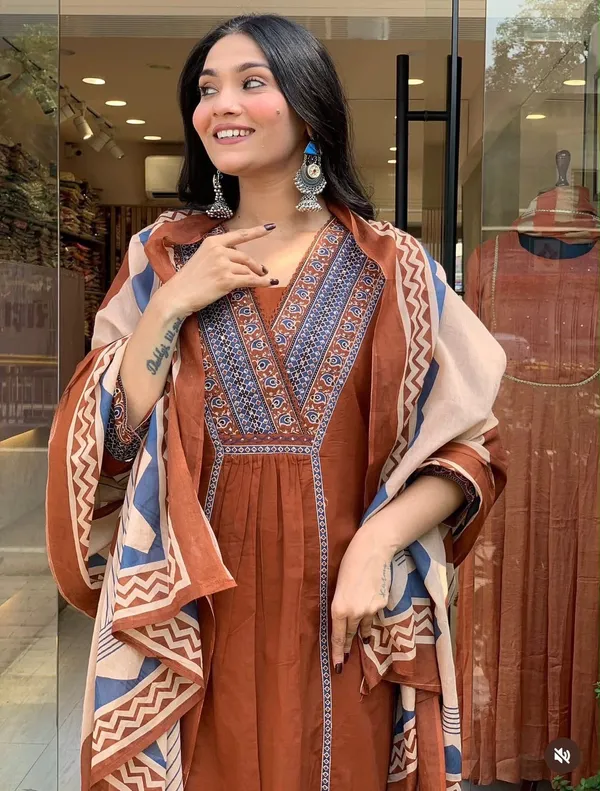 Rust_Cotton_Rayon_Embroidered_Anarkali_Kurta_Set_With_Printed_Dupatta_For_Women