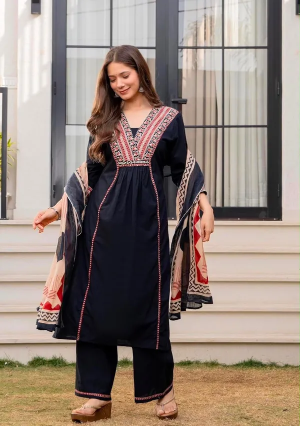 Navy_Blue_Cotton_Rayon_Embroidered_Anarkali_Kurta_Set_For_Women
