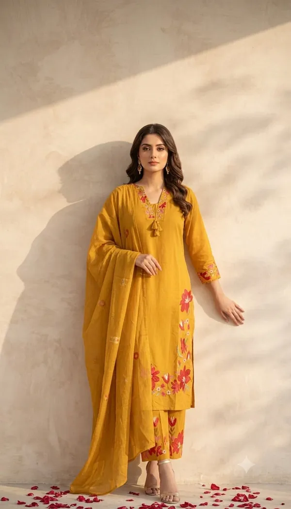 Yellow_Cotton_Rayon_Floral_Embroidered_Straight_Kurta_Set_For_Women