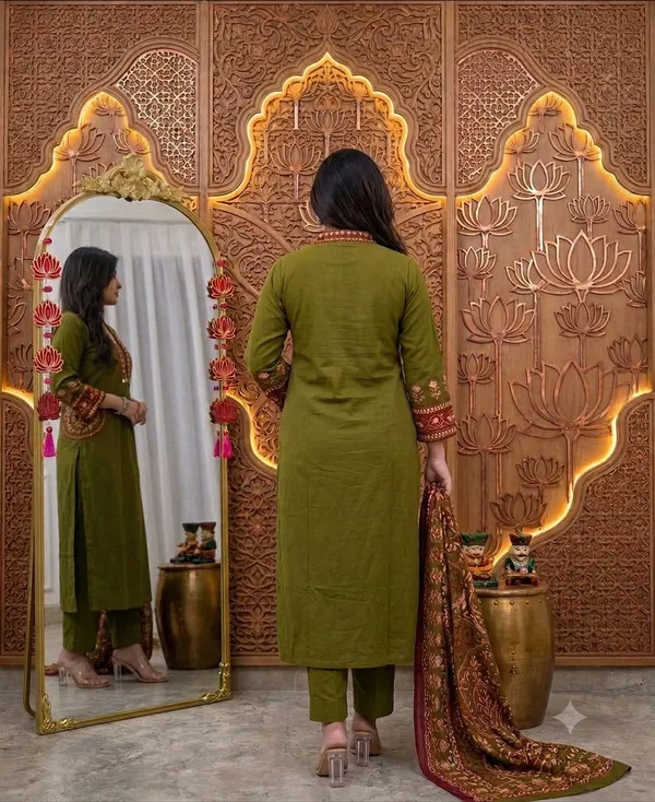 Olive_Green_Cotton_Rayon_Embroidered_Kurta_Set_With_Dupatta_For_Women
