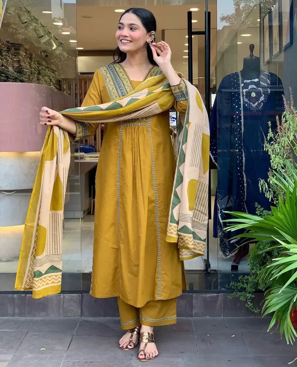 Mustard_Cotton_Rayon_Embroidered_Kurta_Palazzo_Set_With_Printed_Dupatta_For_Women