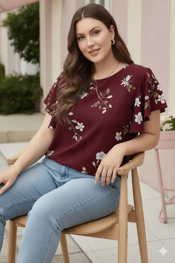Maroon_Cotton_Rayon_Floral_Print_Flutter_Sleeve_Top_For_Women