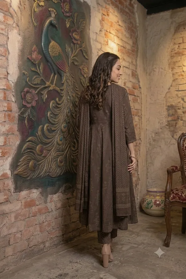 Brown_Cotton_Rayon_Printed_Anarkali_Kurta_With_Pants_And_Dupatta_For_Women