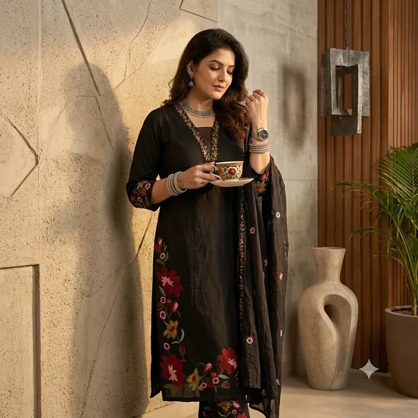 Black_Cotton_Rayon_Floral_Embroidered_Kurta_Palazzo_Set_With_Dupatta_For_Women