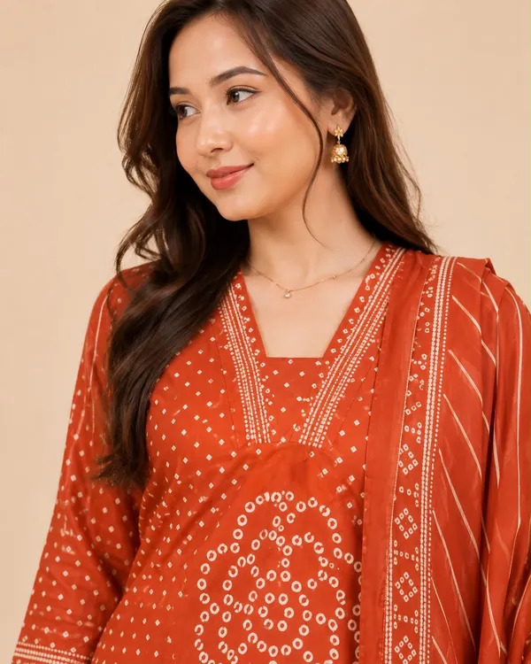 Orange_Cotton_Rayon_Bandhani_Print_Kurta_Palazzo_Set_With_Dupatta_For_Women