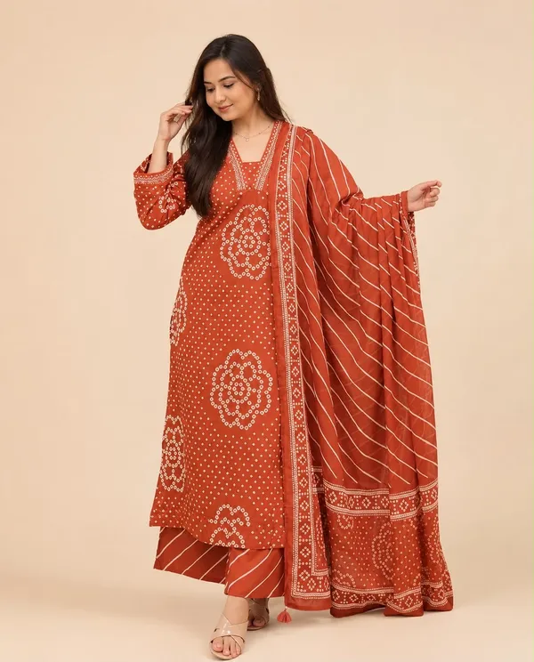 Orange_Cotton_Rayon_Bandhani_Print_Kurta_Palazzo_Set_With_Dupatta_For_Women