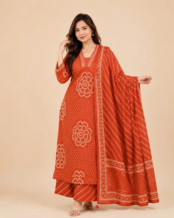 Orange_Cotton_Rayon_Bandhani_Print_Kurta_Palazzo_Set_With_Dupatta_For_Women