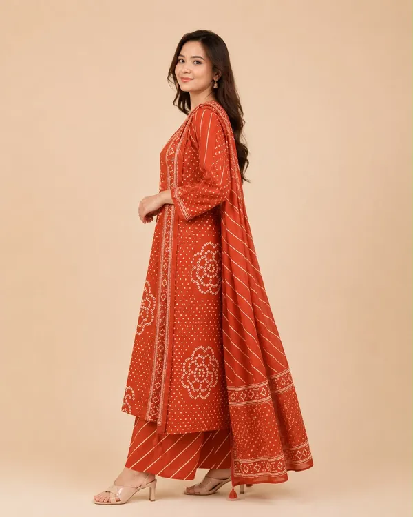 Orange_Cotton_Rayon_Bandhani_Print_Kurta_Palazzo_Set_With_Dupatta_For_Women