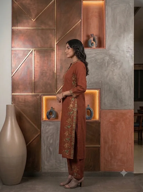 Rust_Cotton_Rayon_Floral_Embroidered_Straight_Kurta_With_Pants_For_Women