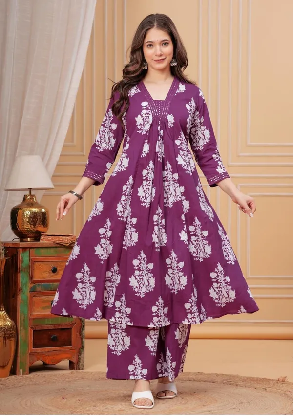 Purple_Cotton_Rayon_Floral_Print_Anarkali_Kurta_Set_For_Women