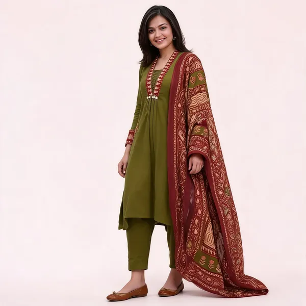 Olive_Green_Cotton_Rayon_Embroidered_Kurta_Set_With_Dupatta_For_Women
