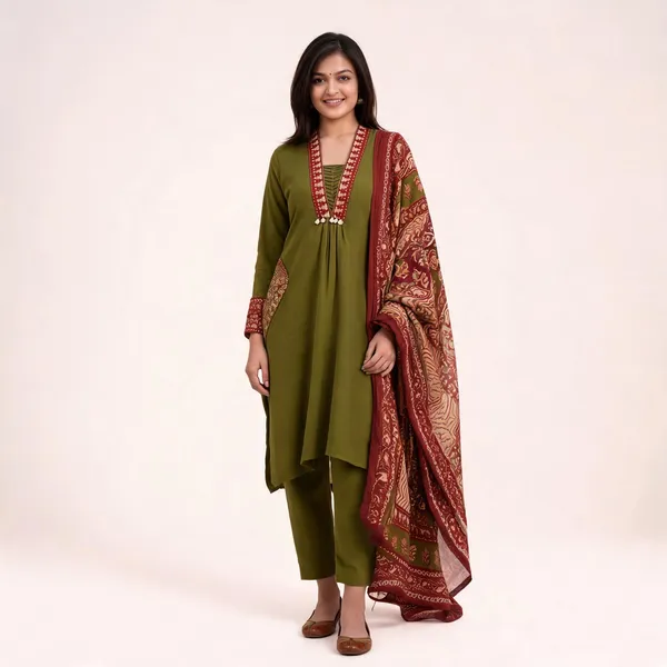 Olive_Green_Cotton_Rayon_Embroidered_Kurta_Set_With_Dupatta_For_Women