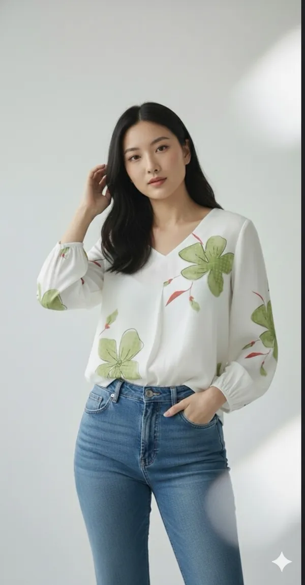 White_Cotton_Rayon_Floral_Print_V_Neck_Puff_Sleeve_Top_For_Women