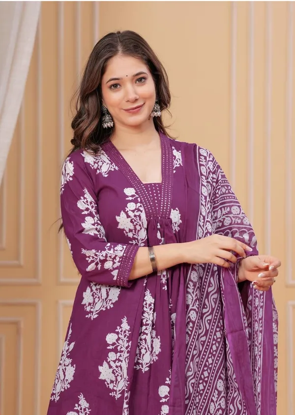 Purple_Cotton_Rayon_Floral_Print_Anarkali_Kurta_Set_For_Women
