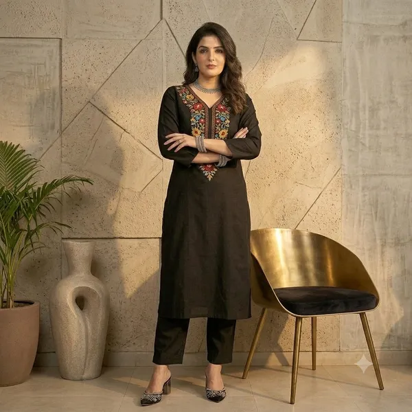 Black_Cotton_Rayon_Straight_Fit_Embroidered_Kurta_With_Pants_For_Women