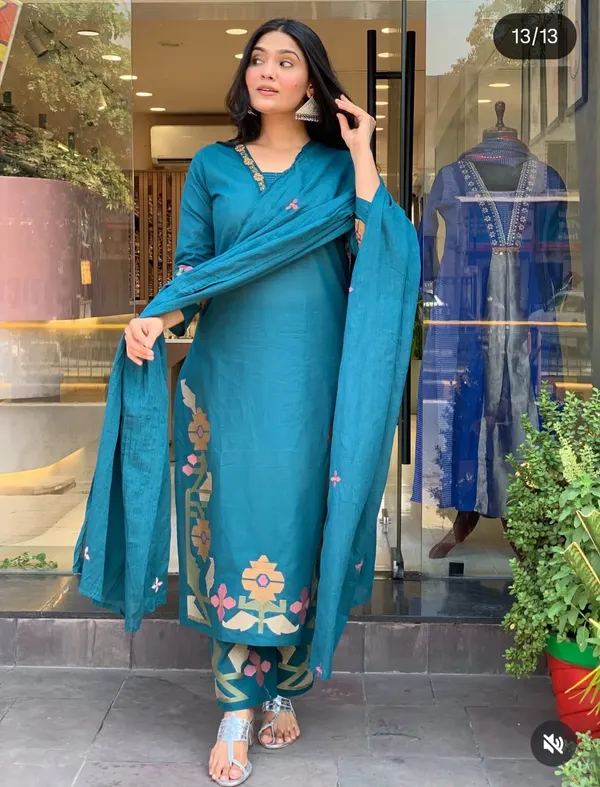 Teal_Cotton_Rayon_Embroidered_Straight_Kurta_Set_With_Dupatta_For_Women