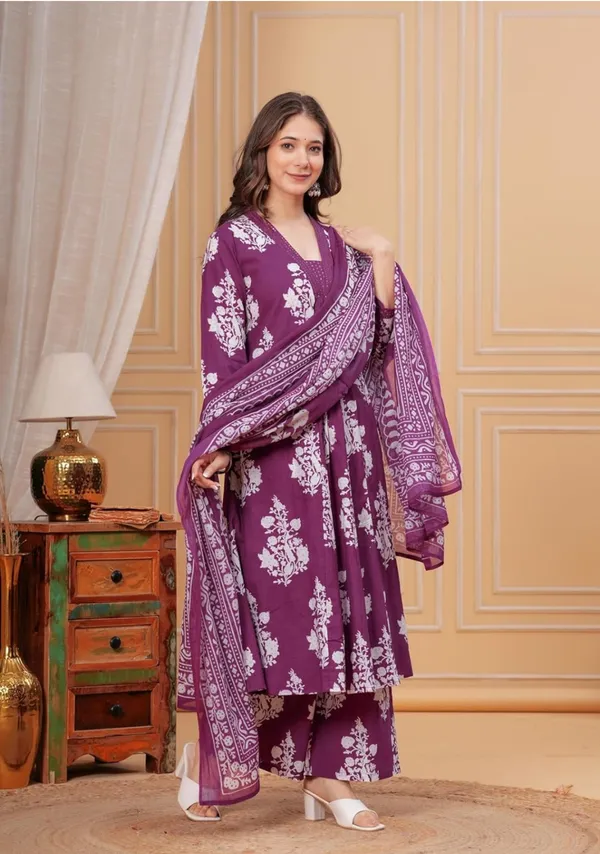 Purple_Cotton_Rayon_Floral_Print_Anarkali_Kurta_Set_For_Women