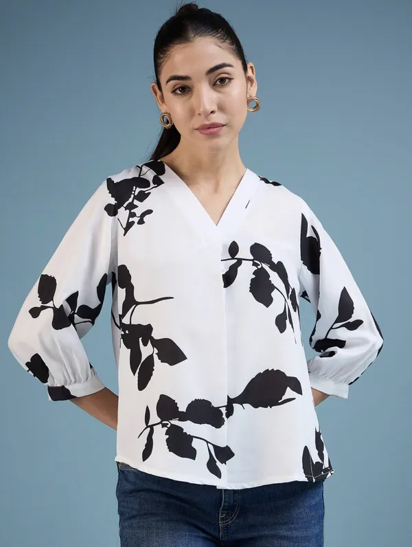 White_Cotton_Rayon_Floral_Print_V_Neck_Three_Quarter_Sleeve_Top_For_Women