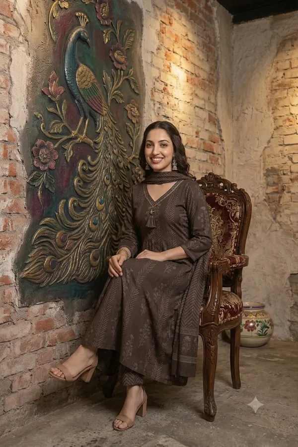 Brown_Cotton_Rayon_Printed_Anarkali_Kurta_With_Pants_And_Dupatta_For_Women