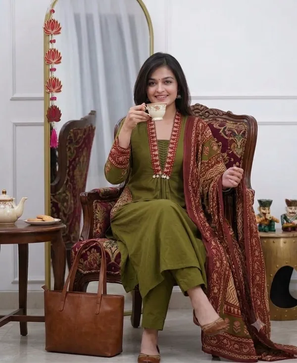 Olive_Green_Cotton_Rayon_Embroidered_Kurta_Set_With_Dupatta_For_Women