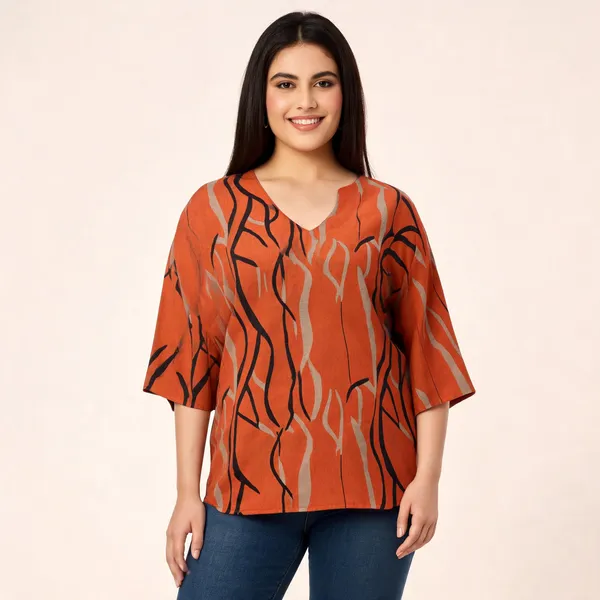 Orange_Cotton_Rayon_Abstract_Print_V_Neck_Relaxed_Fit_Top_For_Women