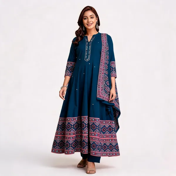 Blue_Cotton_Rayon_Printed_Anarkali_Kurta_With_Pant_And_Dupatta_For_Women