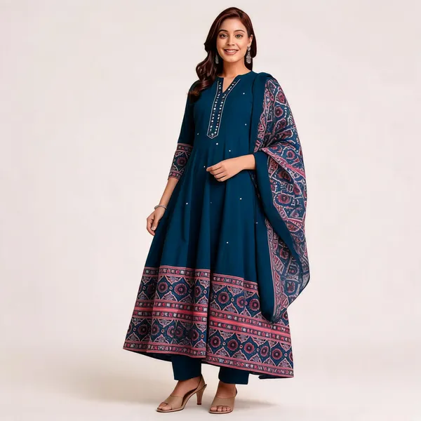 Blue_Cotton_Rayon_Printed_Anarkali_Kurta_With_Pant_And_Dupatta_For_Women