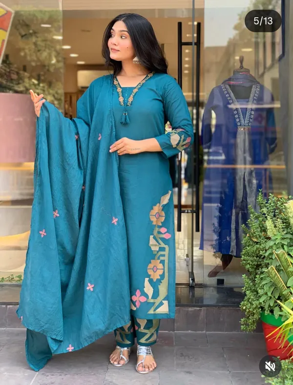 Teal_Cotton_Rayon_Embroidered_Straight_Kurta_Set_With_Dupatta_For_Women
