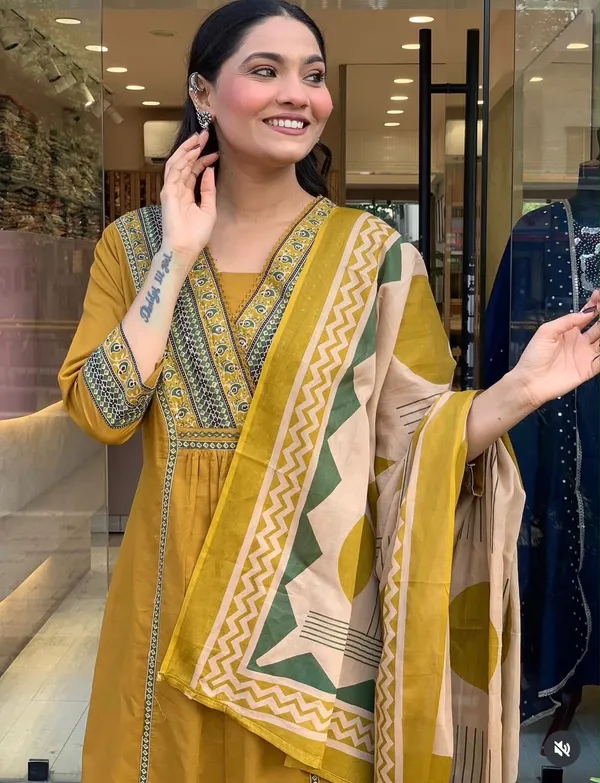 Mustard_Cotton_Rayon_Embroidered_Kurta_Palazzo_Set_With_Printed_Dupatta_For_Women