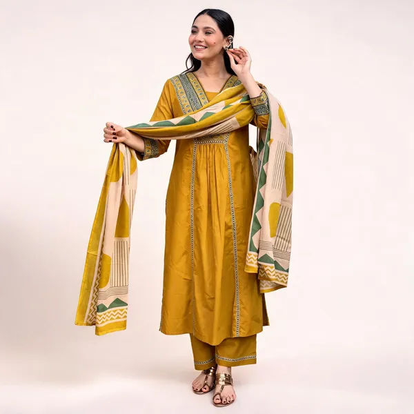 Mustard_Cotton_Rayon_Embroidered_Kurta_Palazzo_Set_With_Printed_Dupatta_For_Women