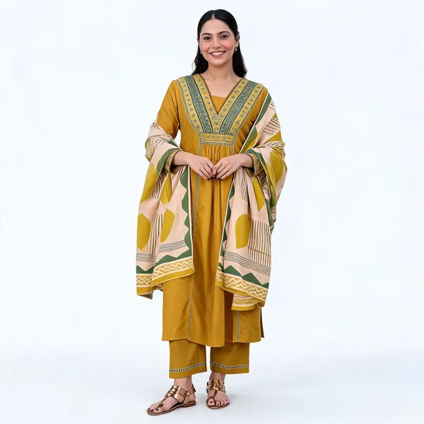 Mustard_Cotton_Rayon_Embroidered_Kurta_Palazzo_Set_With_Printed_Dupatta_For_Women