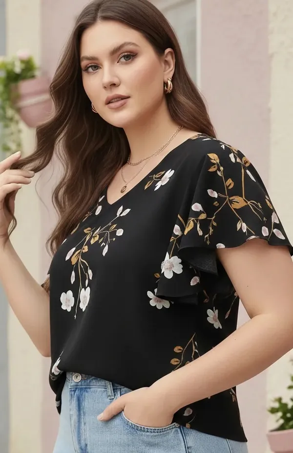 Black_Cotton_Rayon_Floral_Print_V_Neck_Ruffle_Sleeve_Top_For_Women