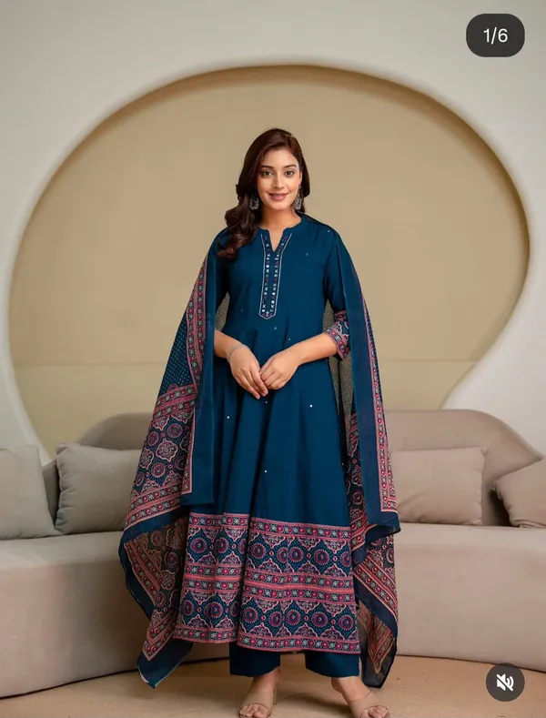 Blue_Cotton_Rayon_Printed_Anarkali_Kurta_With_Pant_And_Dupatta_For_Women