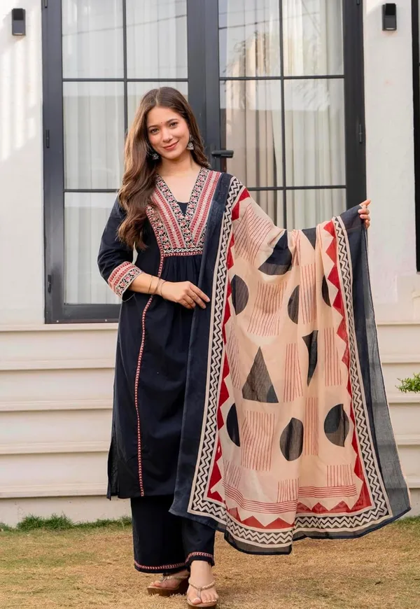 Navy_Blue_Cotton_Rayon_Embroidered_Anarkali_Kurta_Set_For_Women
