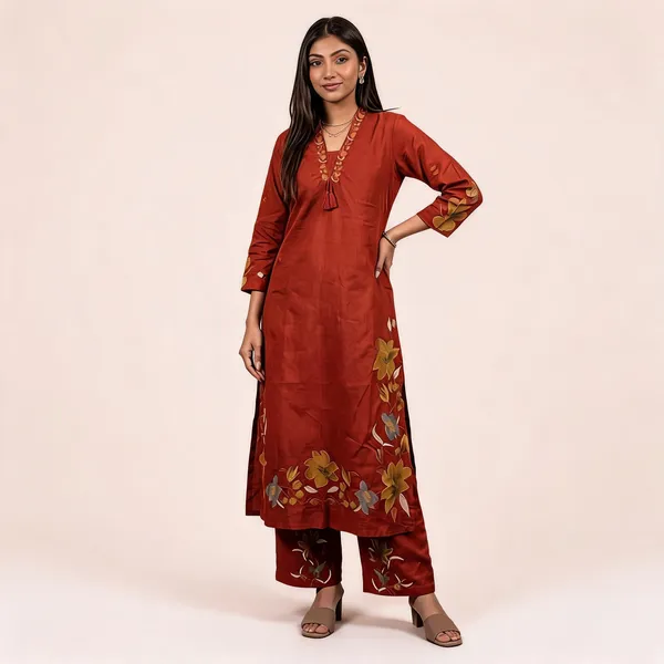 Rust_Cotton_Rayon_Floral_Embroidered_Straight_Kurta_With_Pants_For_Women