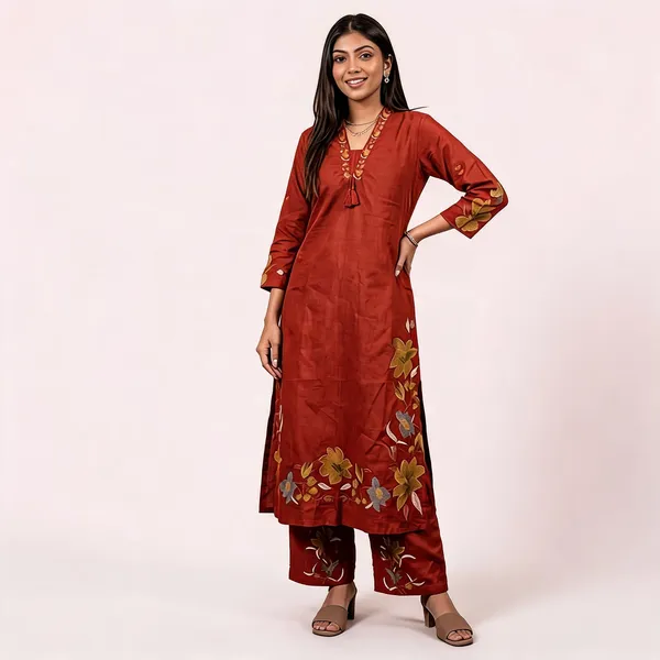 Rust_Cotton_Rayon_Floral_Embroidered_Straight_Kurta_With_Pants_For_Women