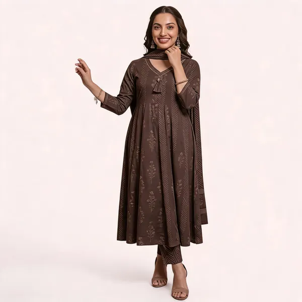 Brown_Cotton_Rayon_Printed_Anarkali_Kurta_With_Pants_And_Dupatta_For_Women