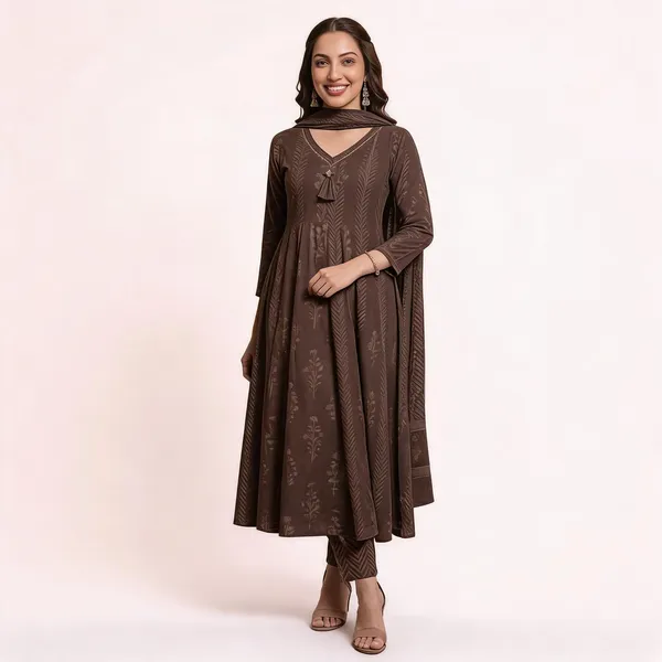Brown_Cotton_Rayon_Printed_Anarkali_Kurta_With_Pants_And_Dupatta_For_Women