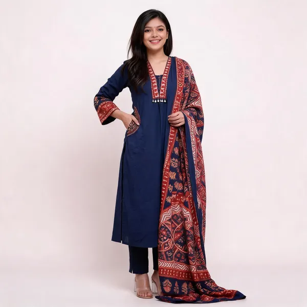 Navy_Blue_Cotton_Rayon_Straight_Fit_Kurta_Set_With_Ajrakh_Print_Dupatta_For_Women
