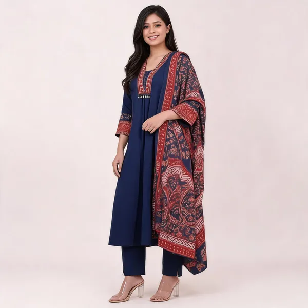 Navy_Blue_Cotton_Rayon_Straight_Fit_Kurta_Set_With_Ajrakh_Print_Dupatta_For_Women