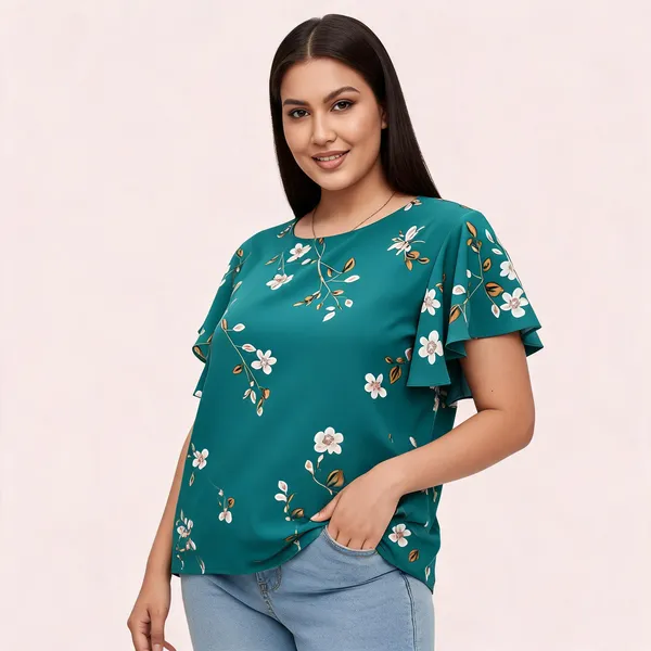 Green_Cotton_Rayon_Floral_Print_Flutter_Sleeve_Top_For_Women