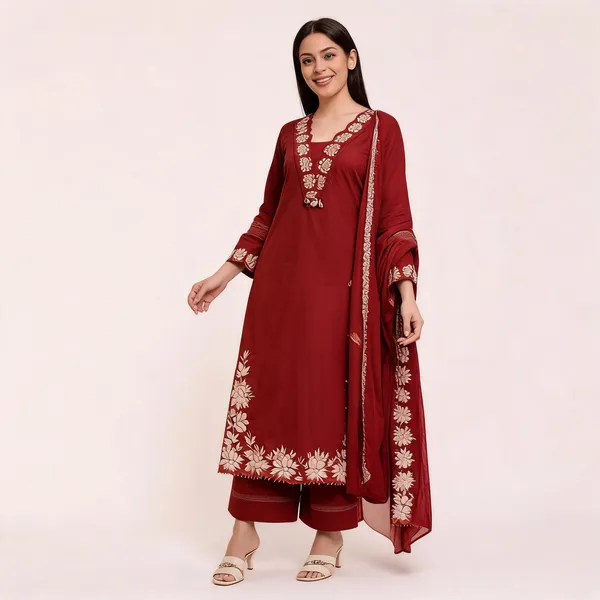 Maroon_Cotton_Rayon_Embroidered_Straight_Kurta_Palazzo_Set_For_Women