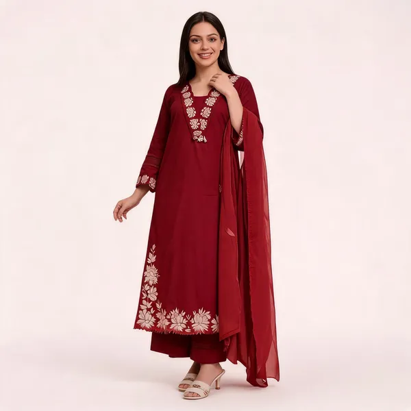 Maroon_Cotton_Rayon_Embroidered_Straight_Kurta_Palazzo_Set_For_Women