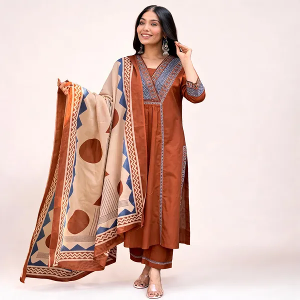 Rust_Cotton_Rayon_Embroidered_Anarkali_Kurta_Set_With_Printed_Dupatta_For_Women