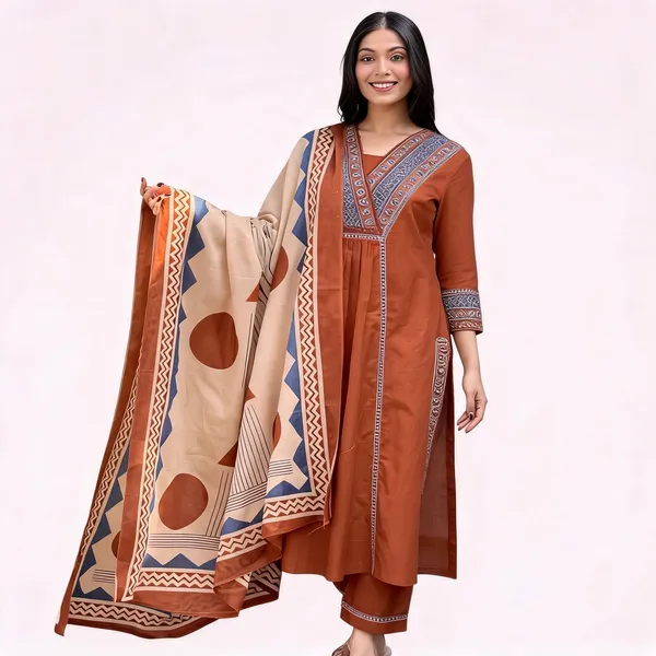 Rust_Cotton_Rayon_Embroidered_Anarkali_Kurta_Set_With_Printed_Dupatta_For_Women