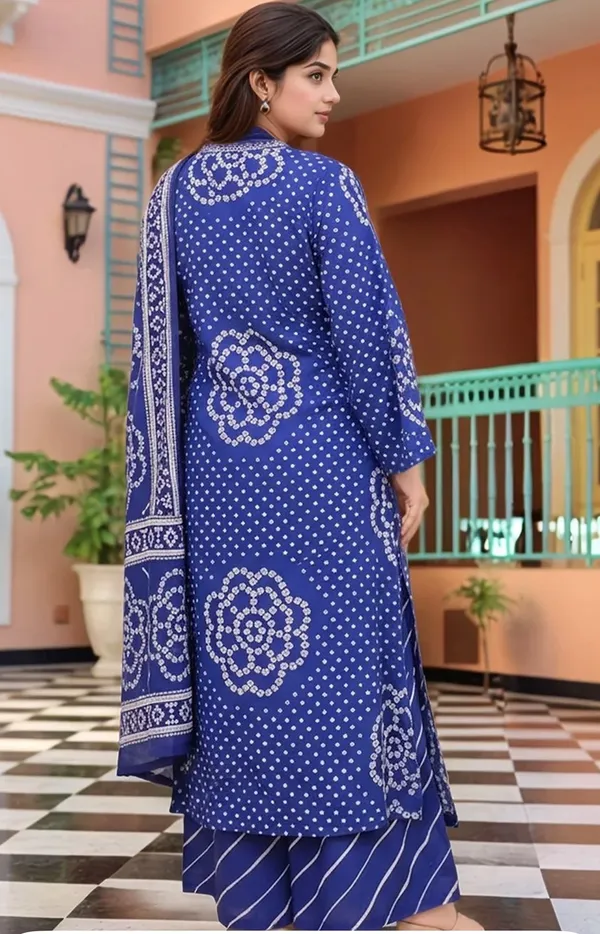 Blue_Cotton_Rayon_Bandhani_Print_Kurta_Palazzo_Set_With_Dupatta_For_Women